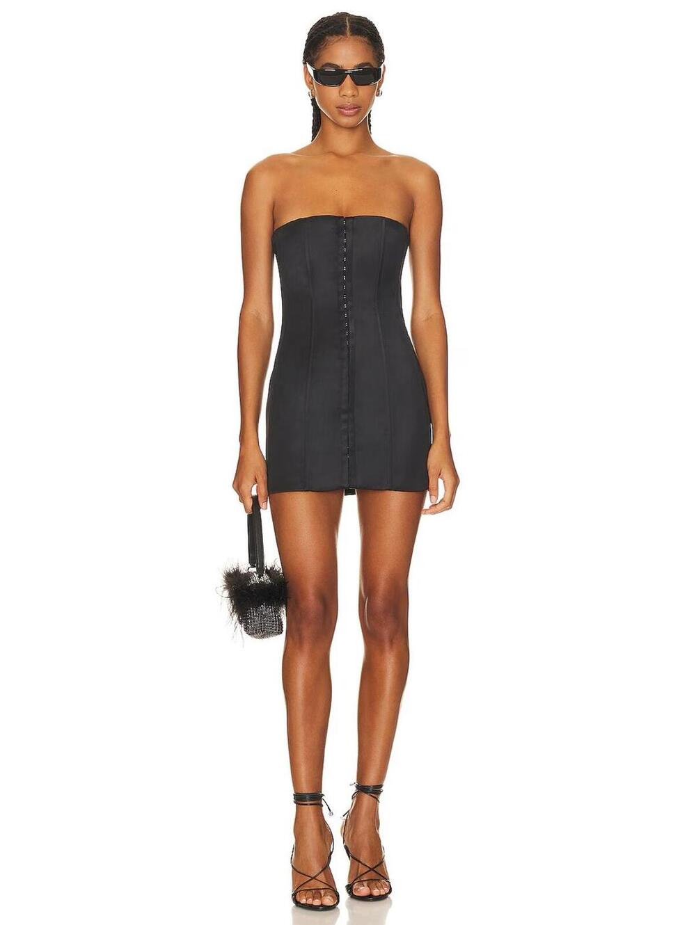Guizio Satin Corset Dress Black Strapless Boned Bodice Hook Eye Mini Dress Small